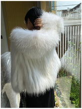 Load image into Gallery viewer, White Raccoon Dog Fur Stripe Woven Fur Coat Short Women&#39;s Slim Hood FS21110