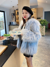 Load image into Gallery viewer, White Raccoon Dog Fur Stripe Woven Fur Coat Short Women&#39;s Slim Hood FS21110