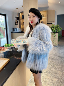 White Raccoon Dog Fur Stripe Woven Fur Coat Short Women's Slim Hood FS21110
