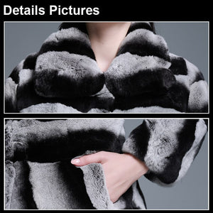 Women's Genuine Rabbit Fur Coat with Big Turn Down Collar Chinchilla Color 15190