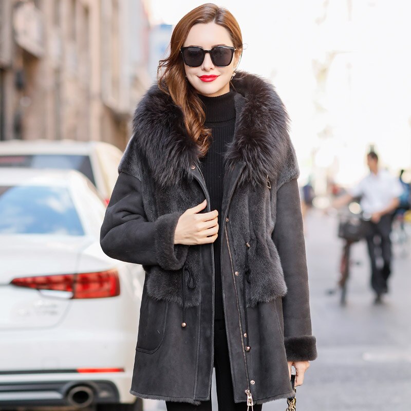 Winter 2021 Mink Fur Whole Mink with Sheep Fur Women's Coat Golden Island Fox Hooded Fur FS21139