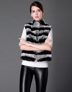 Women Vest Real Rex Rabbit Fur Waistcoat Chinchilla Color Natural Fur Vest Female 16206