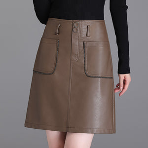 FUR STORY Women Elegant PU Leather Short Skirt With pocket 22L04
