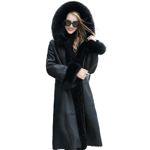 FS20139 Sheep shearing fur overcoat with fox fur slim hood long-sleeved winter women's fur coat ladies windbreaker Fur Story