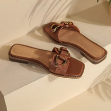 Load image into Gallery viewer, FUR STORY Women&#39;s retro leather Slipper outdoor flat shoes square head slippers 22L05