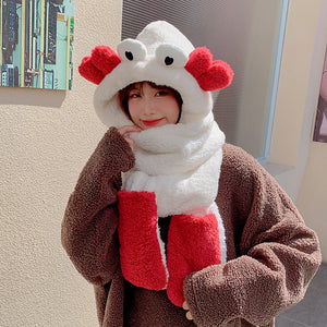 Winter Warm Women Hoodie Hat Scarf Gloves Set Soft Plush Thick Warm Hat 22620