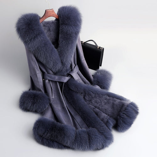 FS20155 Real Big Fox Fur Collar Rabbitskin Fur Women Long Coat With Belt Genuine Leather Coat Winter