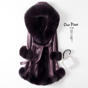 FS20155 Real Big Fox Fur Collar Rabbitskin Fur Women Long Coat With Belt Genuine Leather Coat Winter