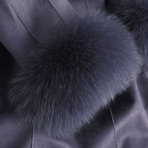 FS20155 Real Big Fox Fur Collar Rabbitskin Fur Women Long Coat With Belt Genuine Leather Coat Winter