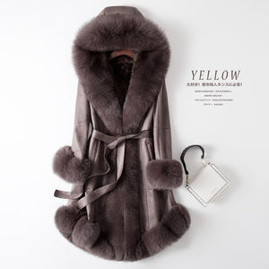 FS20155 Real Big Fox Fur Collar Rabbitskin Fur Women Long Coat With Belt Genuine Leather Coat Winter