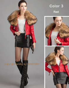 Women's Short Genuine Sheep Leather Coat with Raccoon Fur Collar