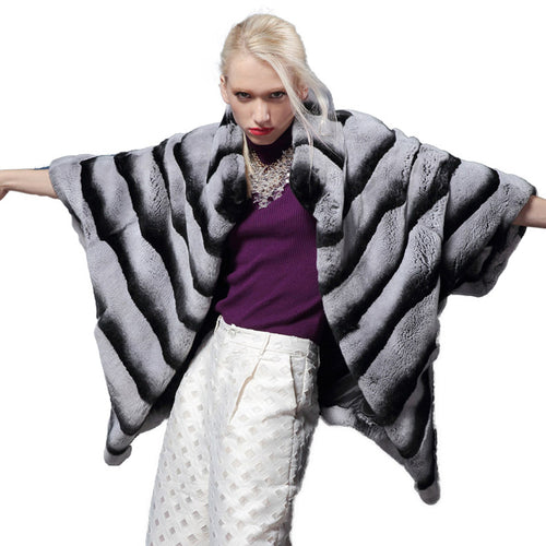 Bat Sleeve Real Fur Coat for Women Chinchilla Color