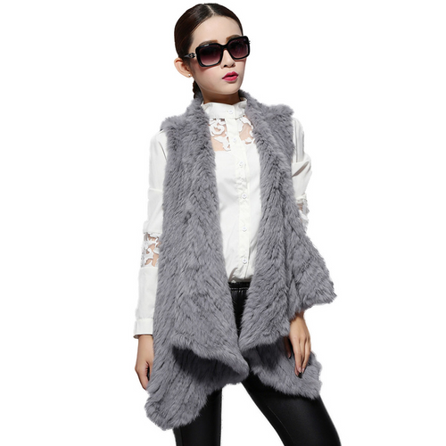 Women's Knitted Real Rabbit Fur Vest Europe Latest Style Long Vest Waistcoat Jacket