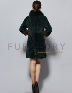 Women's Natural Rex Rabbit Fur Coats with Real Fox Fur Collar and Lamb Cuff Coat Female