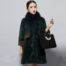 Load image into Gallery viewer, Women&#39;s Natural Rex Rabbit Fur Coats with Real Fox Fur Collar and Lamb Cuff Coat Female