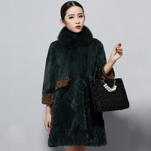 Women's Natural Rex Rabbit Fur Coats with Real Fox Fur Collar and Lamb Cuff Coat Female