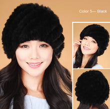 Load image into Gallery viewer, Women Knitted Real REX Rabbit Fur Hat Skullies Beanie Headgear 060108