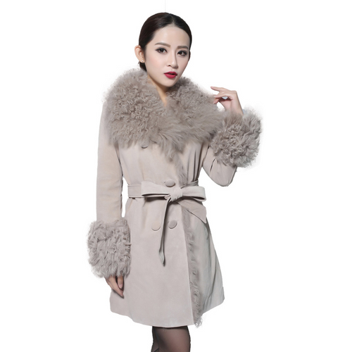 Lamb Fur Collar Coat Top Grade Genuine Sheep Leather Full Sleeve Jacket