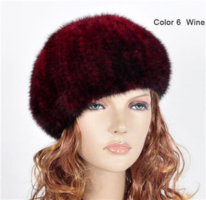 Women's Knitted Mink Fur Beret Hat Winter Fur Hat 14618