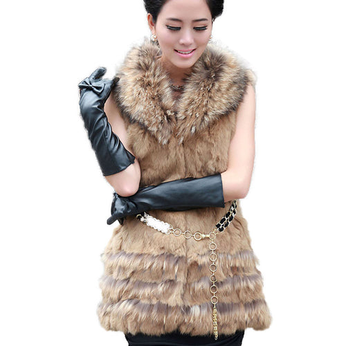 Natural Rabbit Fur Vest Raccoon Fur Collar and Trim Decoration Gilet Coat