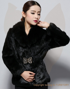 Women's Rabbit Fur Coat Luxury Buckle Slim Waist Real Fur Coat Female Winter Fox Fur Collar Jackets