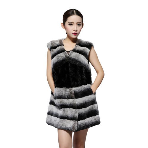 Natural Rex Rabbit Fur Vest Fashion Warmer Outerwear Sleeveless Women Long Coat