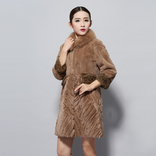 Load image into Gallery viewer, Women&#39;s Natural Rex Rabbit Fur Coats with Real Fox Fur Collar and Lamb Cuff Coat Female