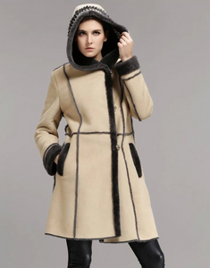 Women's Natural Long Lamb Fur Coat Double Faced Fur Coat with Fur Hood
