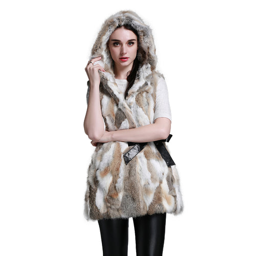 Natural Fur Vest Female with Big Fur Hood Rabbit Fur 5XL 6XL Plus Size Vest