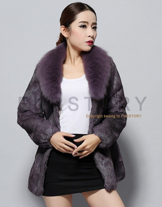 Natural Rabbit Fur Coat Fox Fur Collar Super Slim Waist Women Jacket Winter Overcoat