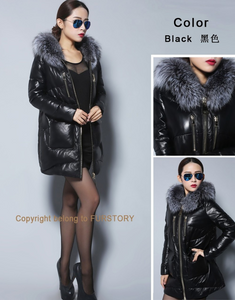 Women's Genuine Sheep Leather Down Coats Real Fox Fur Hood Warm Leather Down Coat Female