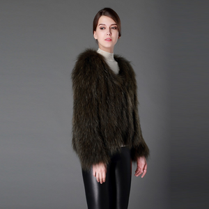 Knitted Natural Raccoon Fur Coat Winter Jacket Overcoat Long Sleeve
