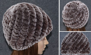 Women Knitted Real REX Rabbit Fur Hat Skullies Beanie Headgear 060108