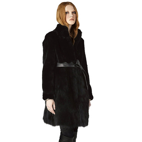 Natural Rabbit Fur Overcoats with Fox Fur Overcoat Belt Slim Winter Coat