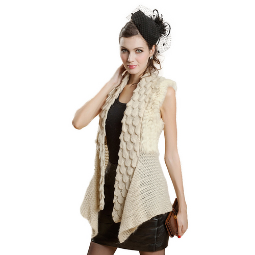 Natural Rabbit Fur Knitter Sweater Waistcoat Jacket Slim Waist Stylish Sweater Part Long Vest