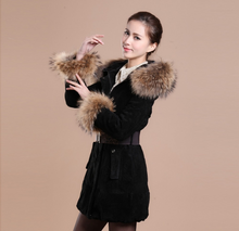 Load image into Gallery viewer, Winter Pig Leather Suede Windbreak with Natural Raccoon Fur Hood Slim Waist Women&#39;s Coats