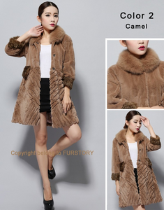 Women's Natural Rex Rabbit Fur Coats with Real Fox Fur Collar and Lamb Cuff Coat Female