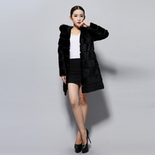 Load image into Gallery viewer, Natural Rabbit Fur Coat  with Hood Fox Fur Collar Top Grade Fur Jacket Outwear Winter Overcoat Women Dress