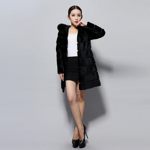 Natural Rabbit Fur Coat  with Hood Fox Fur Collar Top Grade Fur Jacket Outwear Winter Overcoat Women Dress