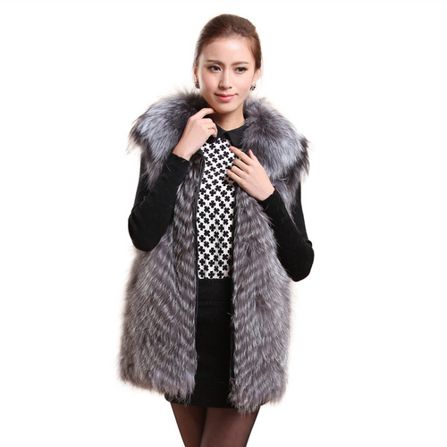 Silver Fox Fur Vest with Fur Collar Waistcoat Long Jacket Winter Overcoat  Women Dress