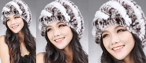 Women Knitted Real REX Rabbit Fur Hat Skullies Beanie Headgear 060108