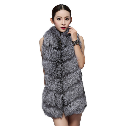 Women's Silver Fox Fur Vest with Genuine Lamb Leather with Real Fox Fur Collar Long Jacket