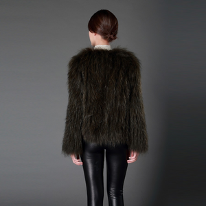Knitted Natural Raccoon Fur Coat Winter Jacket Overcoat Long Sleeve