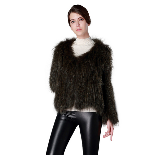 Knitted Natural Raccoon Fur Coat Winter Jacket Overcoat Long Sleeve