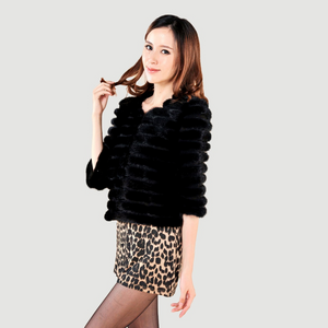 Women's Natural Mink Fur Coat Women Half Sleeve Stripes Female Short Overcoat 13086