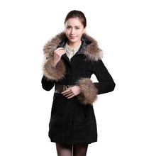 Load image into Gallery viewer, Winter Pig Leather Suede Windbreak with Natural Raccoon Fur Hood Slim Waist Women&#39;s Coats