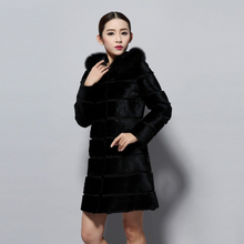 Load image into Gallery viewer, Natural Rabbit Fur Coat  with Hood Fox Fur Collar Top Grade Fur Jacket Outwear Winter Overcoat Women Dress