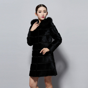 Natural Rabbit Fur Coat  with Hood Fox Fur Collar Top Grade Fur Jacket Outwear Winter Overcoat Women Dress