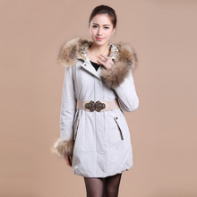 Load image into Gallery viewer, Winter Pig Leather Suede Windbreak with Natural Raccoon Fur Hood Slim Waist Women&#39;s Coats