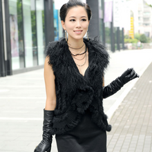 Load image into Gallery viewer, Natural Rabbit Fur Vest with Lamb Wool Fur Collar Hand Knit Vest Coat Jacket Shawl 6colors